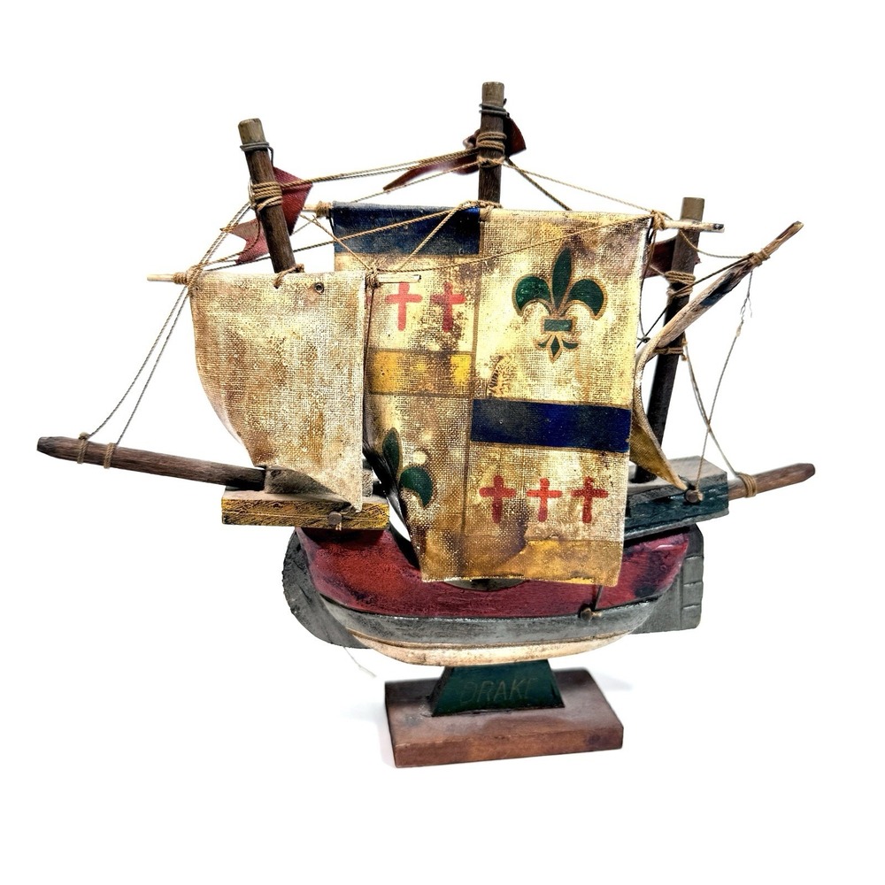 Vintage Japan Francis Drake Wooden Sailing Ship Model Galleon Nautical Decor 6.5